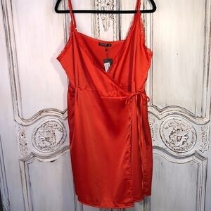Nasty Girl Red Orange True Wrap Spaghetti Strap Lace Trimmed Neckline Nighty